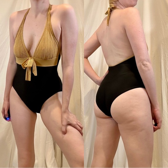 Vintage 1990s LaGouf by Silvian Lurex Metallic Halter Cheeky One Piece Swimsuit - Picture 1 of 13